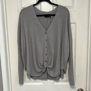 out from under/Urban Outfitters Grey Long Sleeve Waffle Button Up Tie Front Top